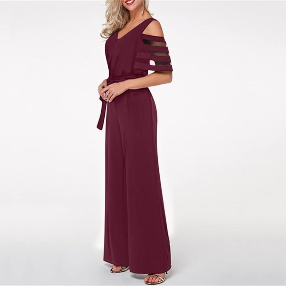 Cold Shoulder Wrap Sheer Mesh Sleeve Wide Leg Jumpsuit Size L Wine